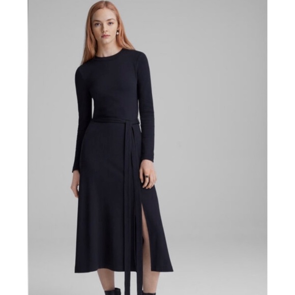 Club Monaco Ribbed Stretch Jersey Slit Belted Long Sleeve Midi Dress Black XL - Picture 1 of 8